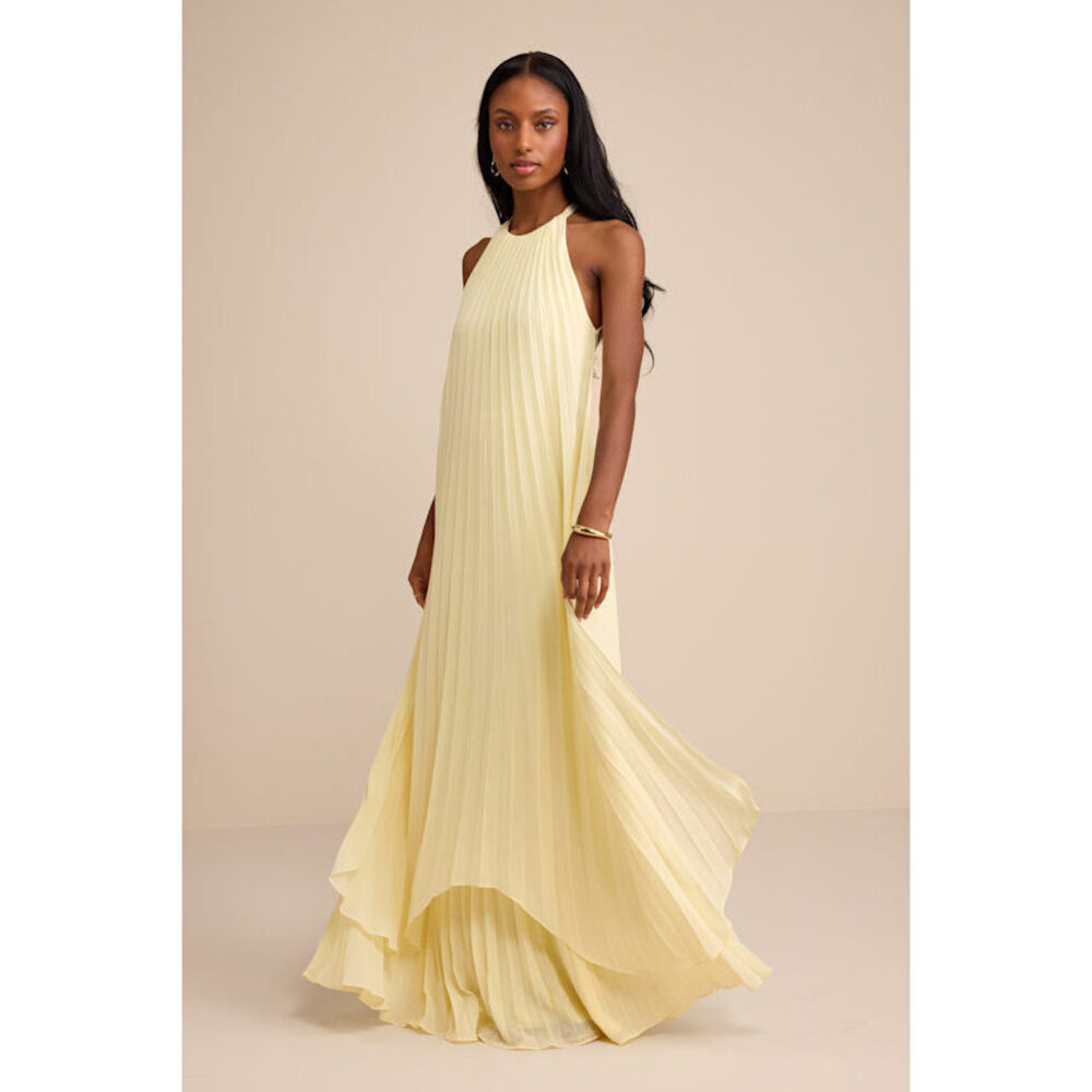 Lulus Dorala Light Yellow Pleated Lace-up Tiered Maxi Dress - Size S